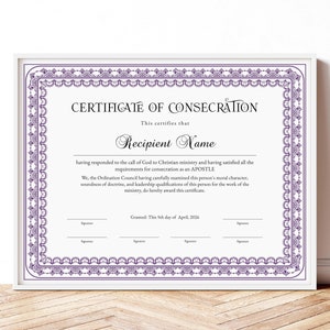 Plantilla de certificado de consagración editable, certificado de consagración imprimible, certificado de consagración del obispo apóstol, descarga 373