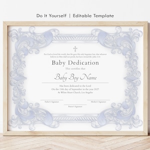 Plantilla de certificado de presentación editable para la dedicación de un bebé varón, certificado de recuerdo de bautismo imprimible, descarga de certificado de bautizo de bebé, Jet340