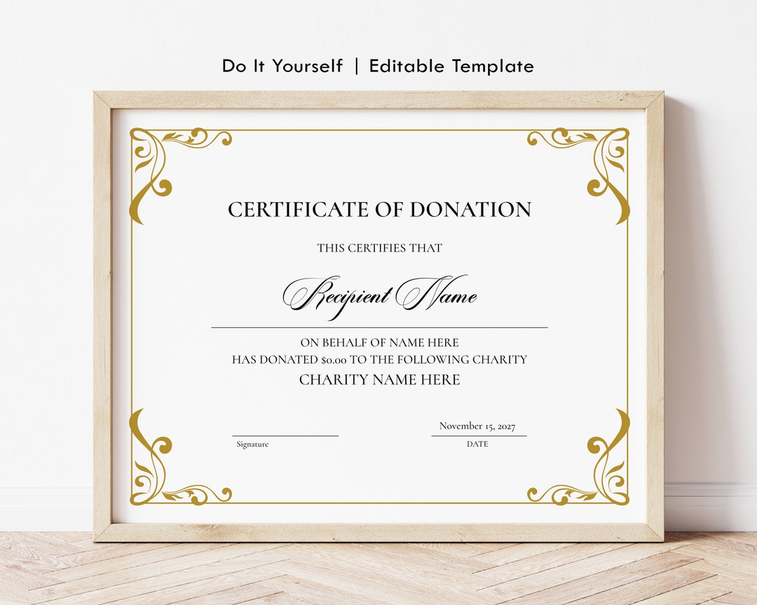 Editable Certificate of Donation Template, Printable Charity Donation Certificate Template, Funding, Gold Gift Certificate Download, Jet241 - Etsy editable-certificate-of-donation-template-printable-charity-donation-certificate-template-funding-gold-gift-certificate-download-jet241-etsy