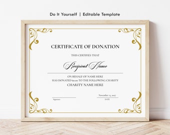 Editable Certificate of Donation Template, Printable Charity Donation Certificate Template, Funding, Gold Gift Certificate Download, Jet241