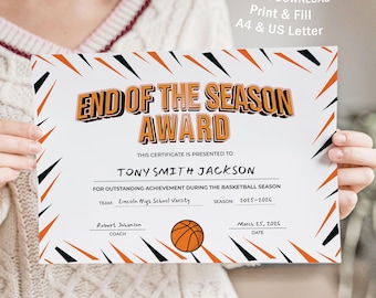Utmärkelsediplom för basketbollsäsongsavslutning, spelarutmärkelse (direkt nedladdning)