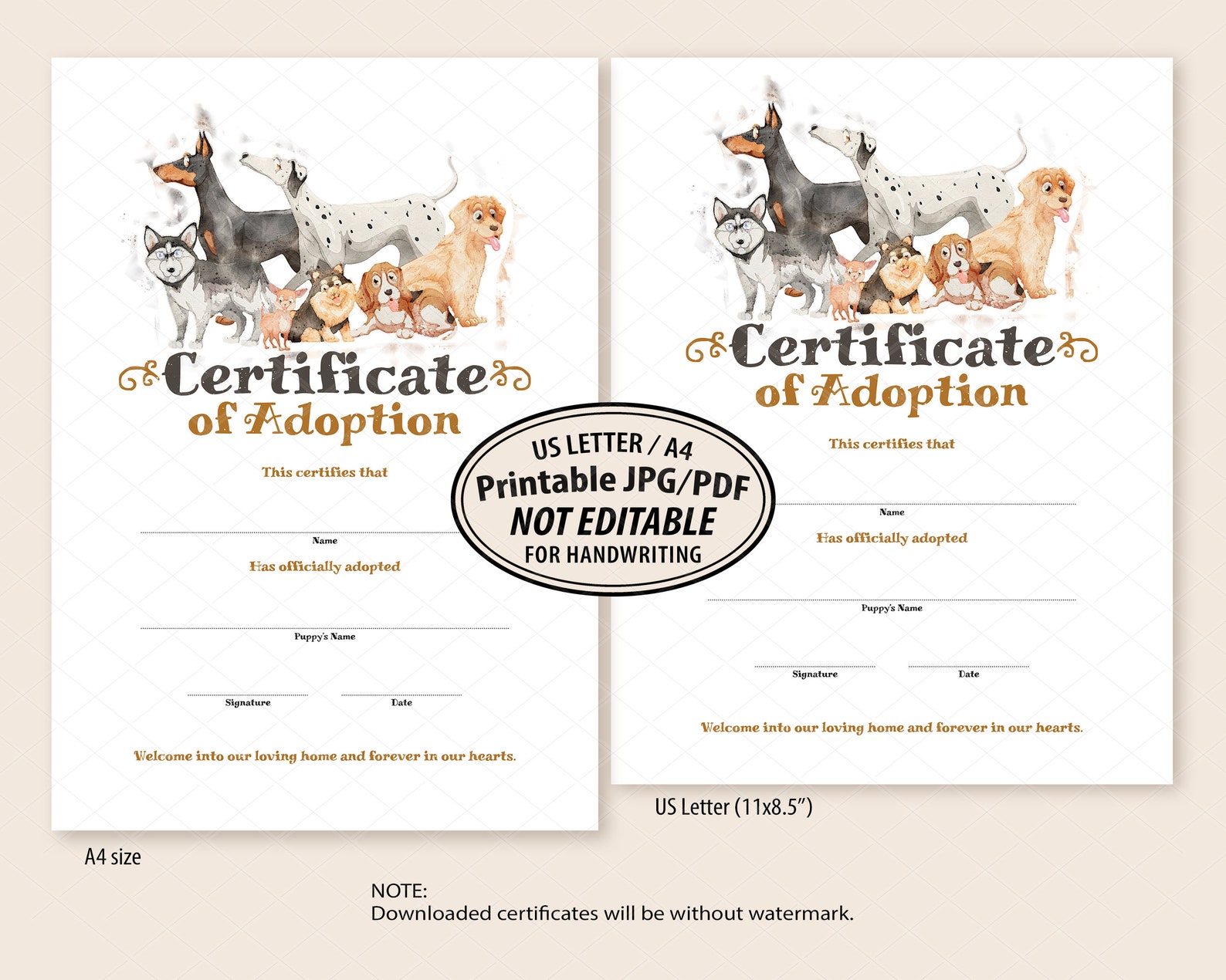 Puppy Adoption Certificate Template Printable Puppy Adoption | Etsy
