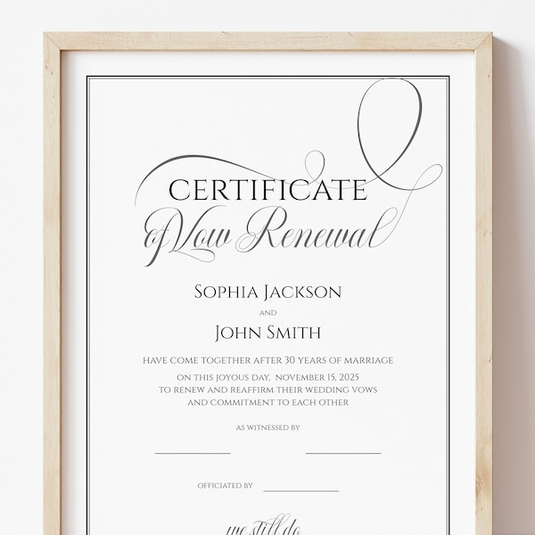 Editable Vow Renewal Certificate Template, Elegant Marriage Certificate, Printable Wedding Keepsake Personalized Gift Download Jet043