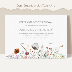 Editable Vow Renewal Certificate Template, Printable Commitment Marriage Certificate, Wildflowers, Wedding Gift Certificate Download Jet249