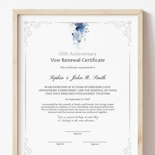 10th Anniversary Vow Renewal Certificate Template Editable Renewal of Vows 10-Year Milestone Wedding Keepsake Personalized Gift Download 346