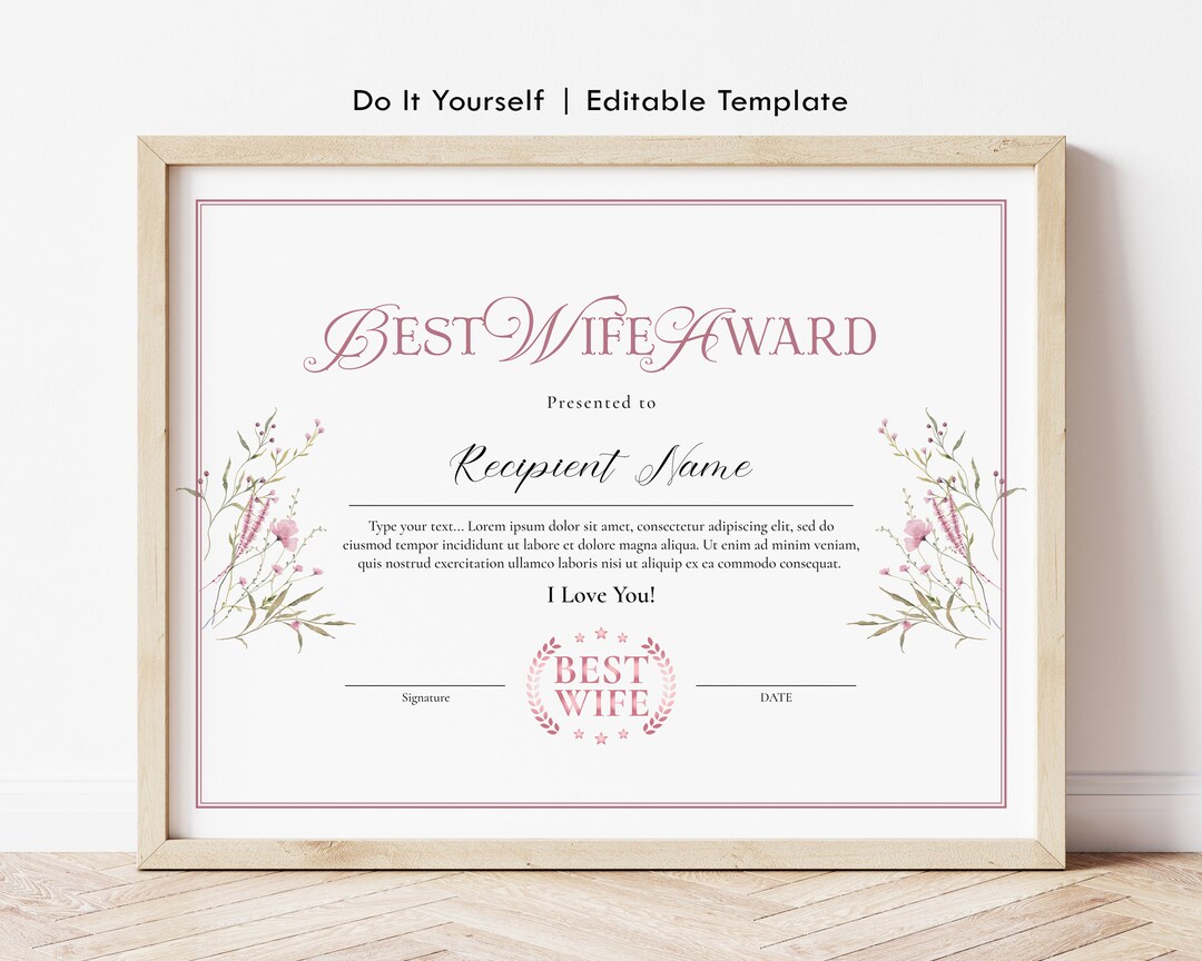 Best Wife Certificate Award Template, Editable Printable Best Wife Gift ...