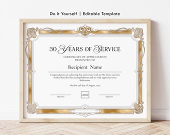 Recognition for Years of Service Award Certificate of Appreciation Editable Employee Retirement Certificate Template Digital Download Jet144