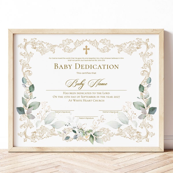 Baby Dedication Certificate Template, Baptism, Baby Christening, Modern Gold Greenery, Editable Printable Church Templates Download, Jet248