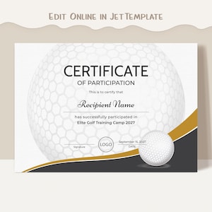 EDITABLE Golf Certificate Template, Sports Certificate Award, Printable Sports Certificates, Golf Award, Digital Download250