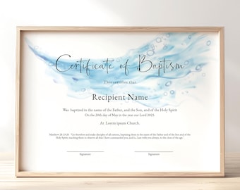Editable Baptism Certificate Template, Printable Minimalist Certificate of Baptism, Water Background Certificate Instant Download, Jet040