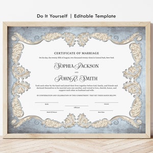 Dusty Blue Vintage Märchen Hochzeit Zertifikat Vorlage, bearbeitbare Heiratsurkunde druckbare Ehe Andenken Geschenkgutschein 327
