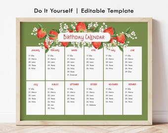 Editable Printable Perpetual Birthday Calendar Strawberry Calendar Reusable Template Birthday Reminder Strawberry Calendar Download, Jet321