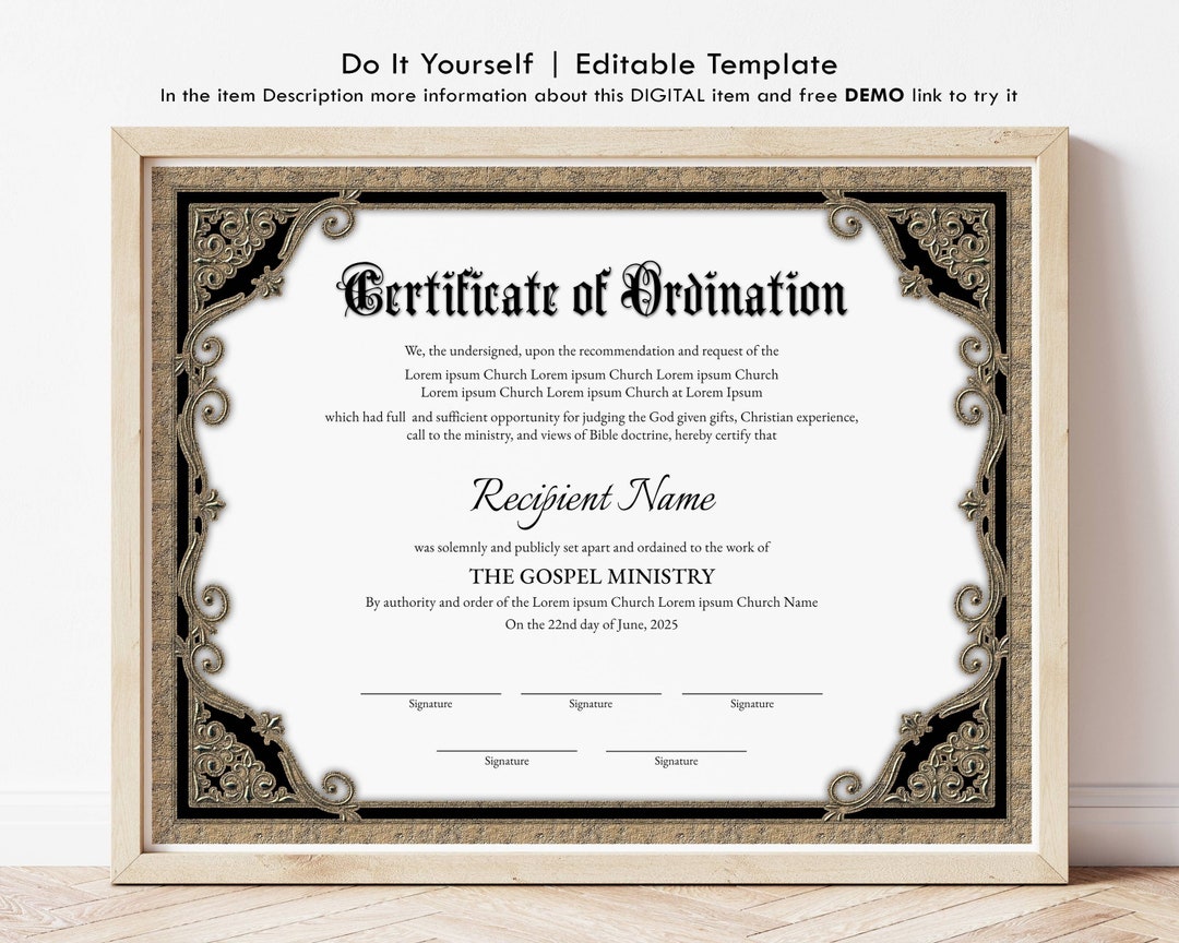 Editable Ordination Certificate Template Printable - Etsy Singapore