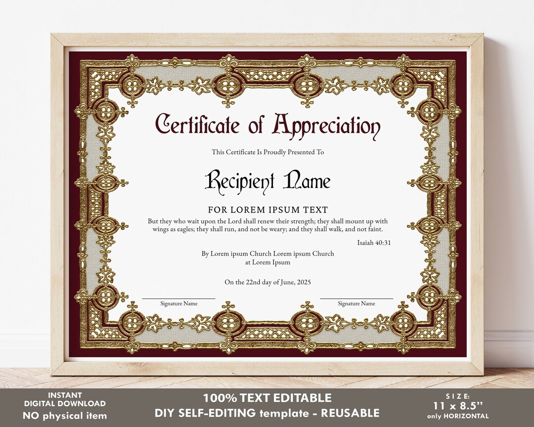 Editable Appreciation Certificate Template, Printable Vintage Church ...