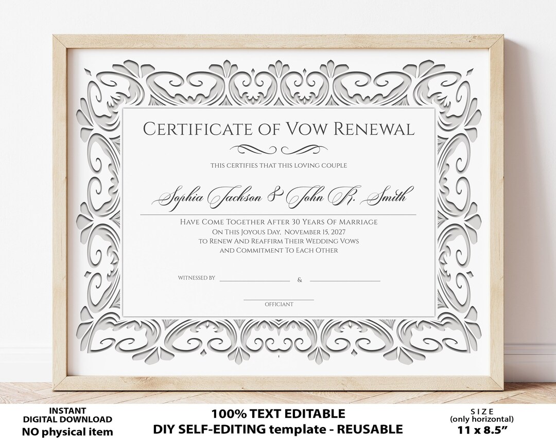 Vow Renewal Certificate Template, Editable Printable Wedding Vow ...