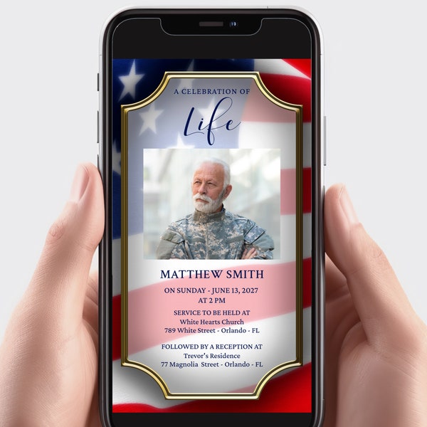 Digital Veteran Funeral Announcement, Electronic Military Memorial Invitation, In Loving Memory EDITABLE Smartphone Evite Download Jet227