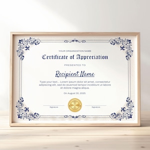 Editable Certificate of Appreciation, Employee Recognition Template, Printable Certificate Template, Corporate Award, Digital Download 037
