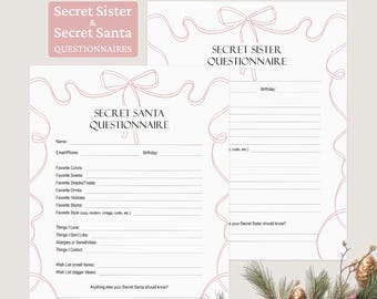 Secret Santa & Secret Sister Questionnaire Printable Christmas Gift Exchange Form, Holiday Wish List, A4+US Letter, PDF+JPG Instant Download