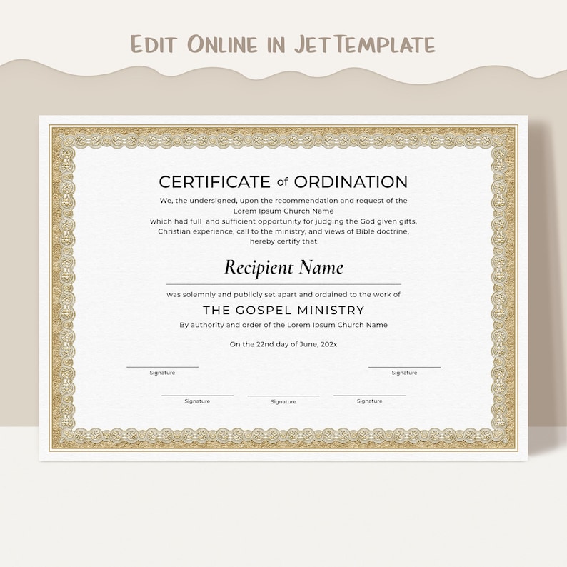 Editable Ordination Application Form Editable Ordination Certificate Template, Printable Certificate of ...
