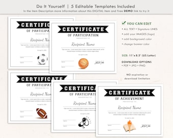 Editable Football Basketball Soccer Cheer Scholar Athlete Participation Achievement School Sport Award Certificates Digital Download, Jet