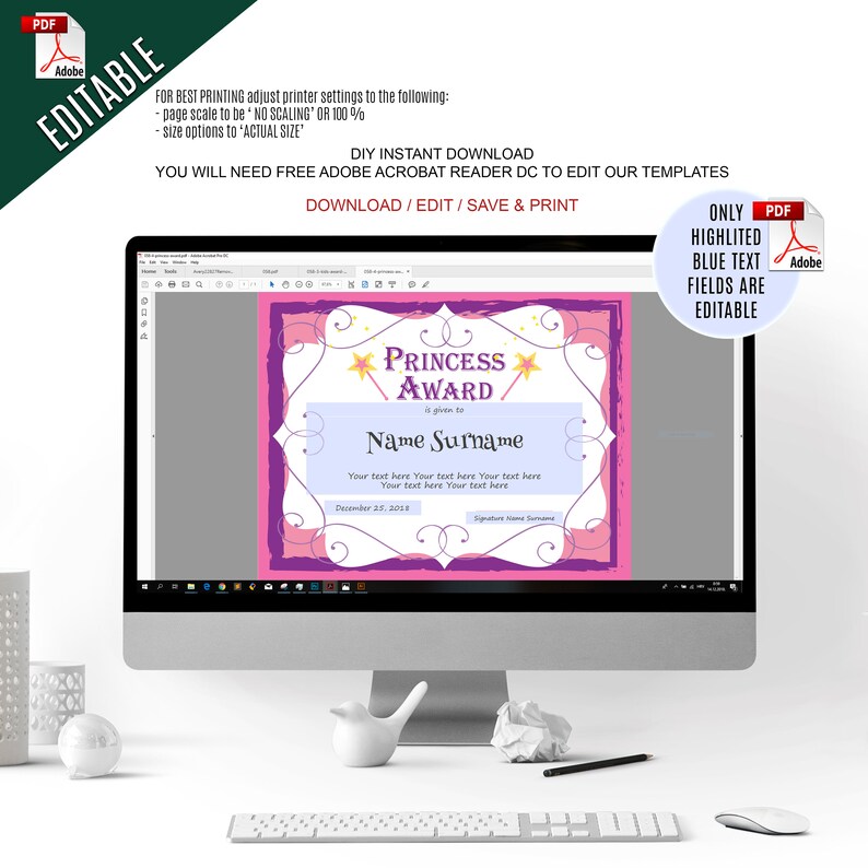 Princess Award Template EDITABLE Certificate Template | Etsy