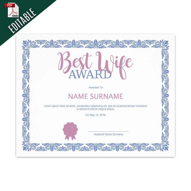 EDITABLE Best Wife Award Template Editable Award Template Best | Etsy
