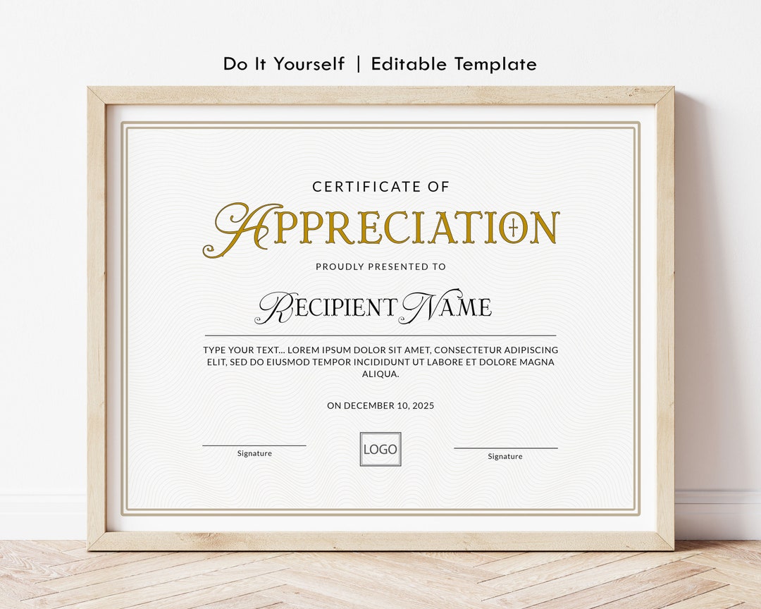 Editable Certificate of Appreciation Template, Printable Appreciation