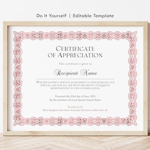 Certificate of Appreciation for the Pastor&#39;s Wife, Gift for Pastor&#39;s Wife, Editable Appreciation Gift Certificate Digital Download Jet168