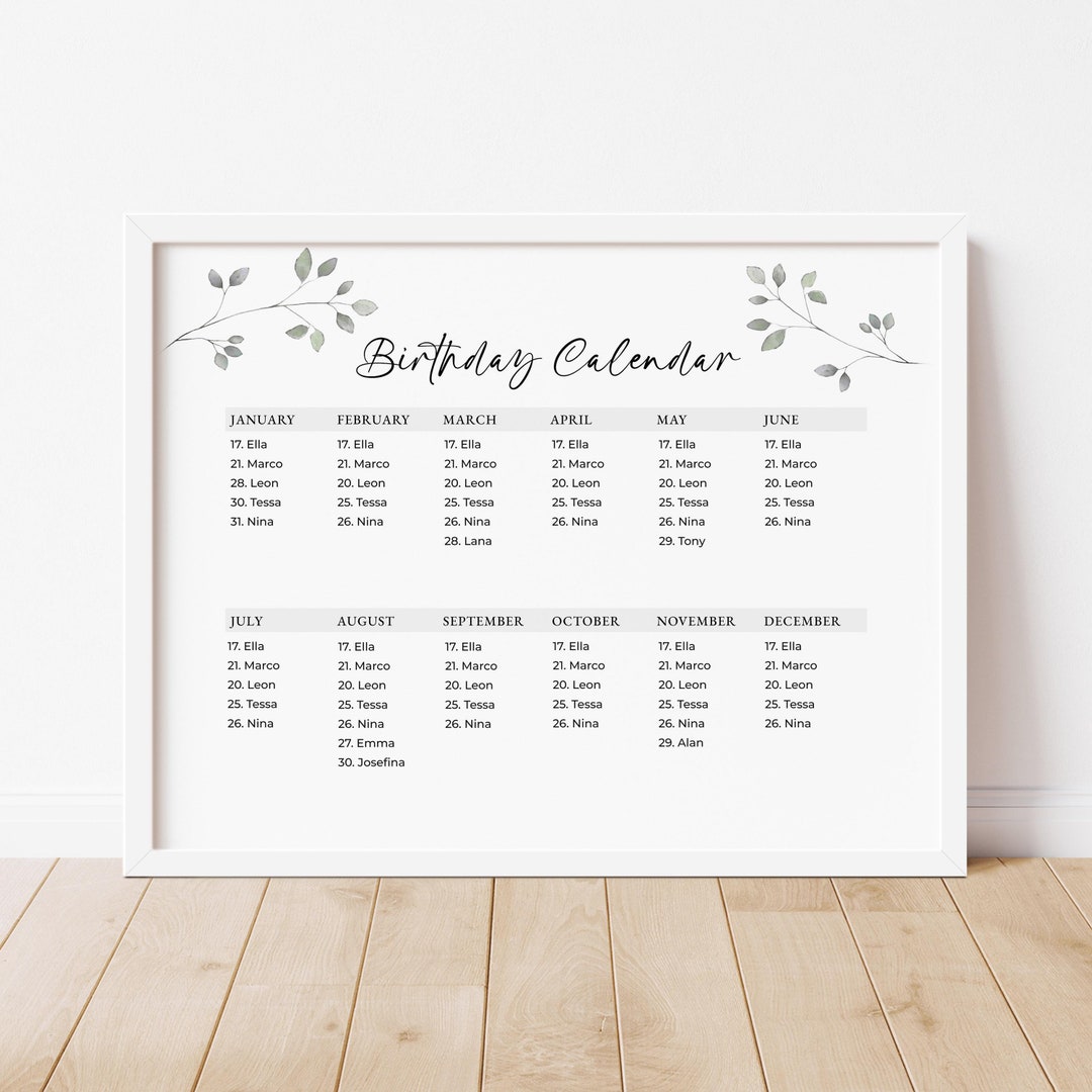 Editable Printable Perpetual Birthday Calendar Minimalist Calendar