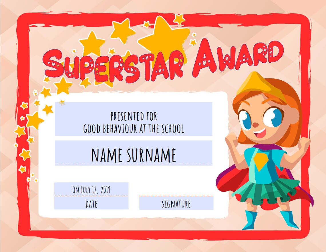Multipurpose SUPERSTAR Award EDITABLE Kids Certificate Etsy