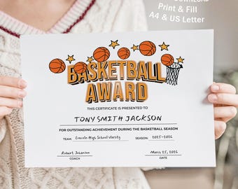 Basketpriscertifikat, spelarerkännande, US Letter A4 (direkt nedladdning)