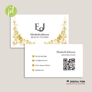 Beauty Studio Business Card Template Editable Gold Floral Business Card, Customizable Text Colors Logo, Elegant Minimalist Card Download 402