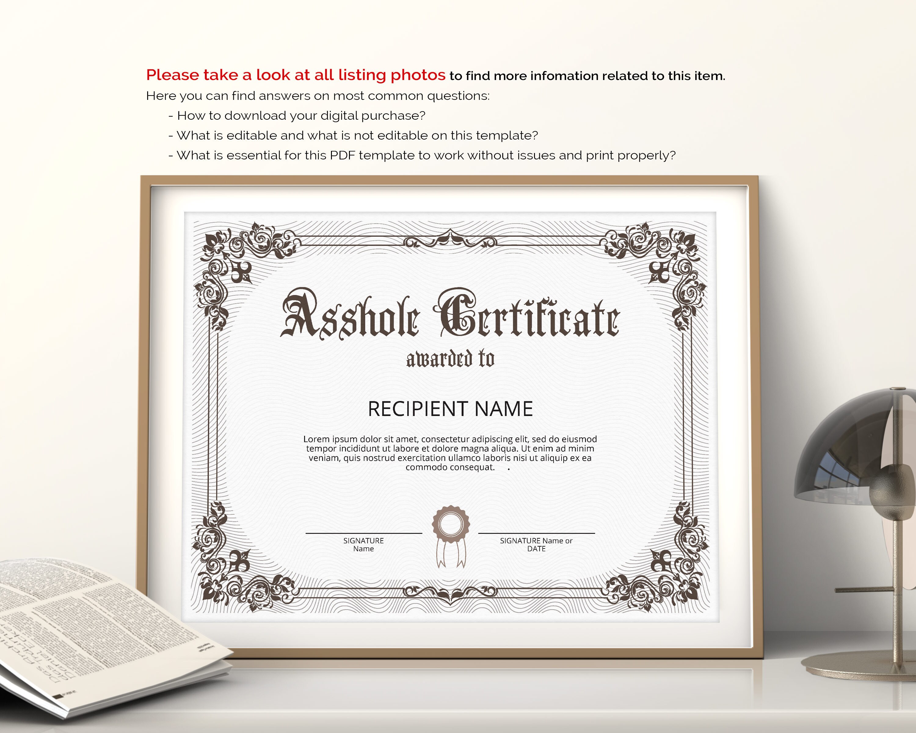 Editable Funny Asshole Certificate Template, Printable Certificate  Template, Funny Gift Certificate Award, Instant Download In Funny Certificate Templates