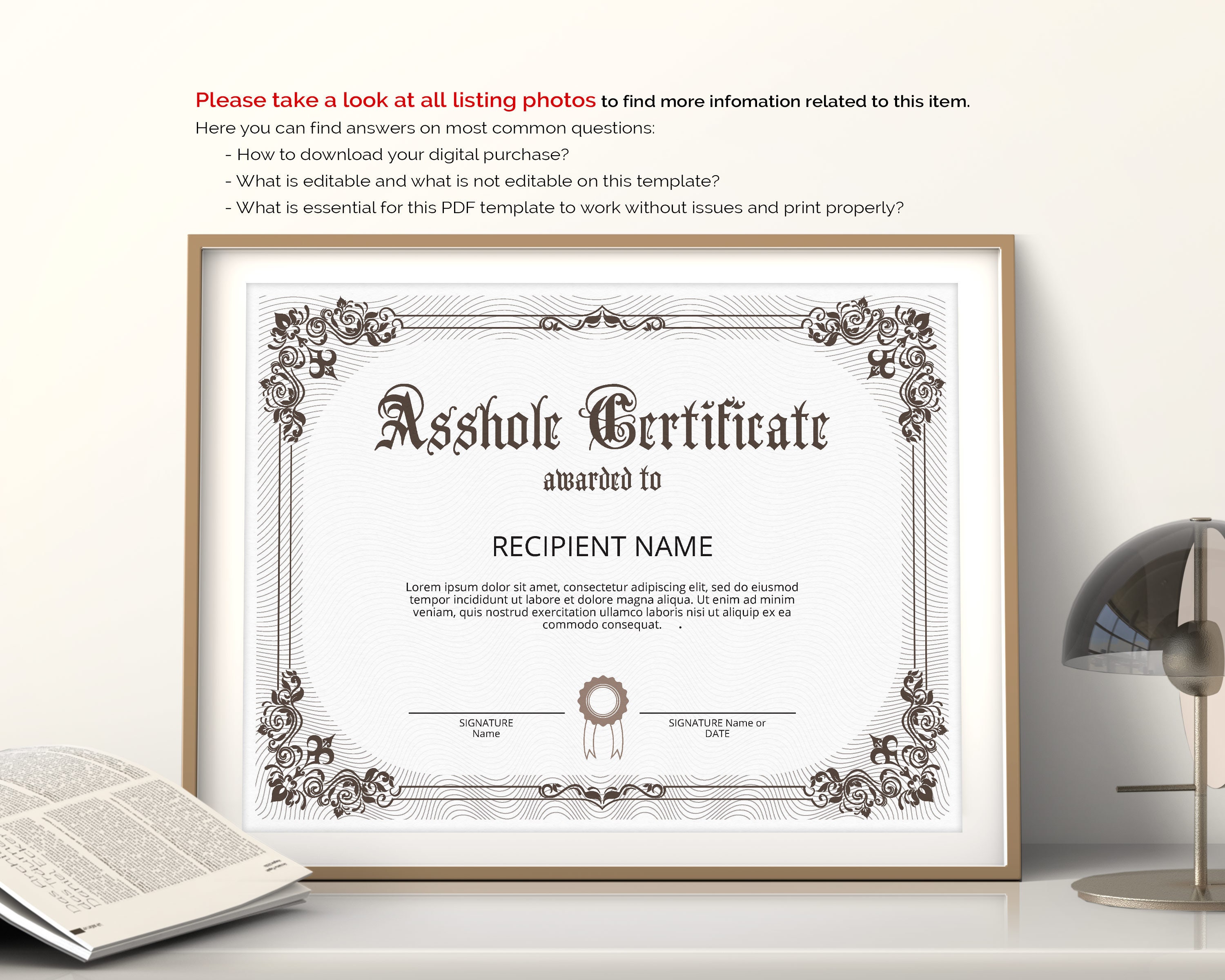 Editable Funny Asshole Certificate Template, Printable Certificate  Template, Funny Gift Certificate Award, Instant Download In Funny Certificate Templates