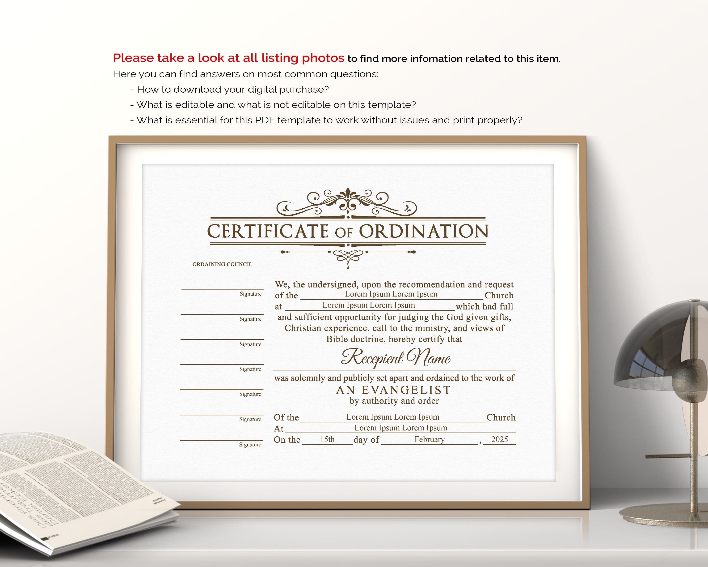 Bearbeitbare ordinierte Evangelist Zertifikat Vorlage  Etsy Inside Certificate Of Ordination Template