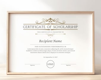Printable Certificate of Scholarship, Logo EDITABLE Scholarship Award Certificate Template, Minimalist Certificate Instant Download, Jet021