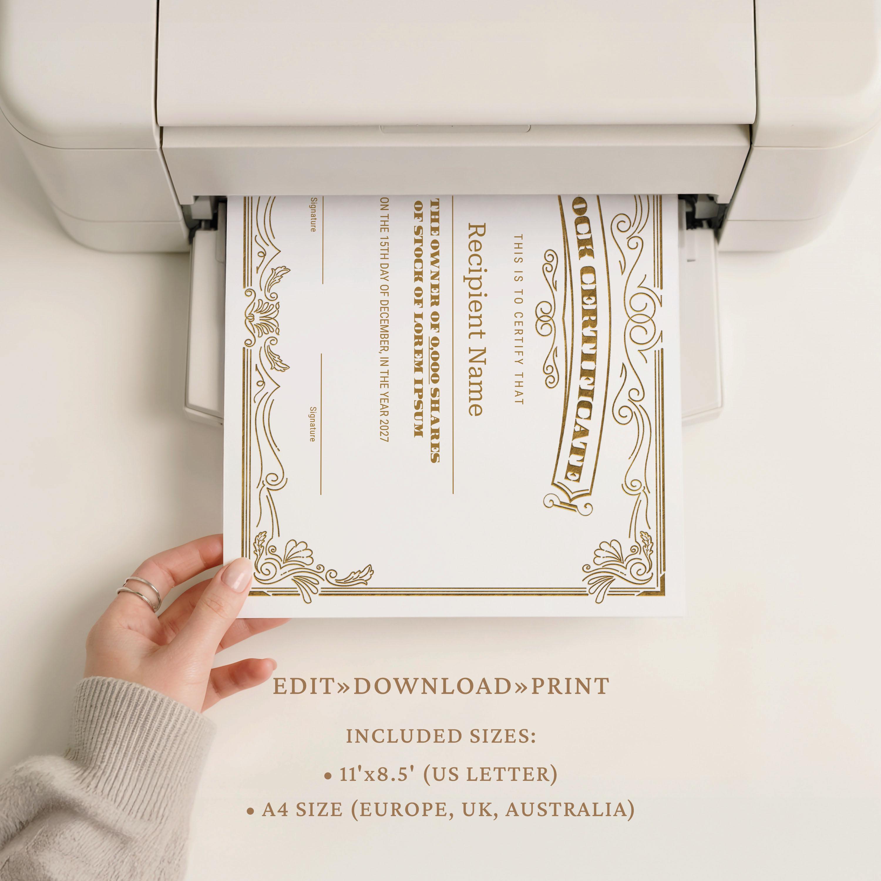 EDITABLE Stock Certificate Template, Printable Certificate of Stock ...