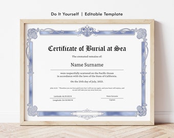 Sea Scattering Certificate of Burial at Sea, Spreading Ashes at Sea, Memorial Ashes at Sea Funeral Keepsake EDITABLE Digital Download Jet144