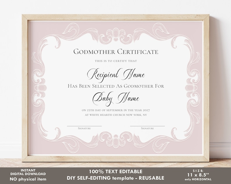 Editable Godmother Certificate Template Printable Baptism | Etsy