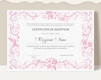 Szablon certyfikatu adopcji dla macochy, edytowalny i wydrukowany certyfikat adopcji dla macochy, bon upominkowy do natychmiastowego pobrania Jet150