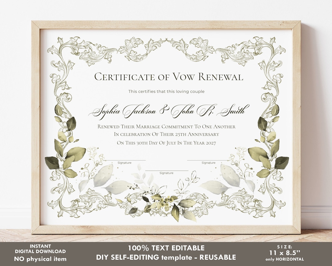 Elegant Vow Renewal Certificate Template, Printable Marriage Commitment ...