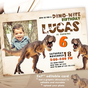 Dino-Mite Dinosaur Birthday Invitation, Photo Invite, Editable Boy Dinosaur Party Birthday Invitation Digital Download Jet230