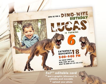 Dino-Mite Dinosaur Birthday Invitation, Photo Invite, Editable Boy Dinosaur Party Birthday Invitation Digital Download Jet230
