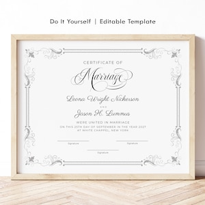 Editable Wedding Certificate Template, Printable Certificate of Marriage, Customize Wedding Gift Marriage Keepsake Certificate Download 098