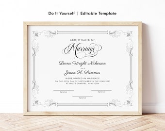 Modèle de certificat de mariage modifiable, certificat de mariage imprimable, personnaliser le certificat de souvenir de mariage de cadeau de mariage Télécharger 098