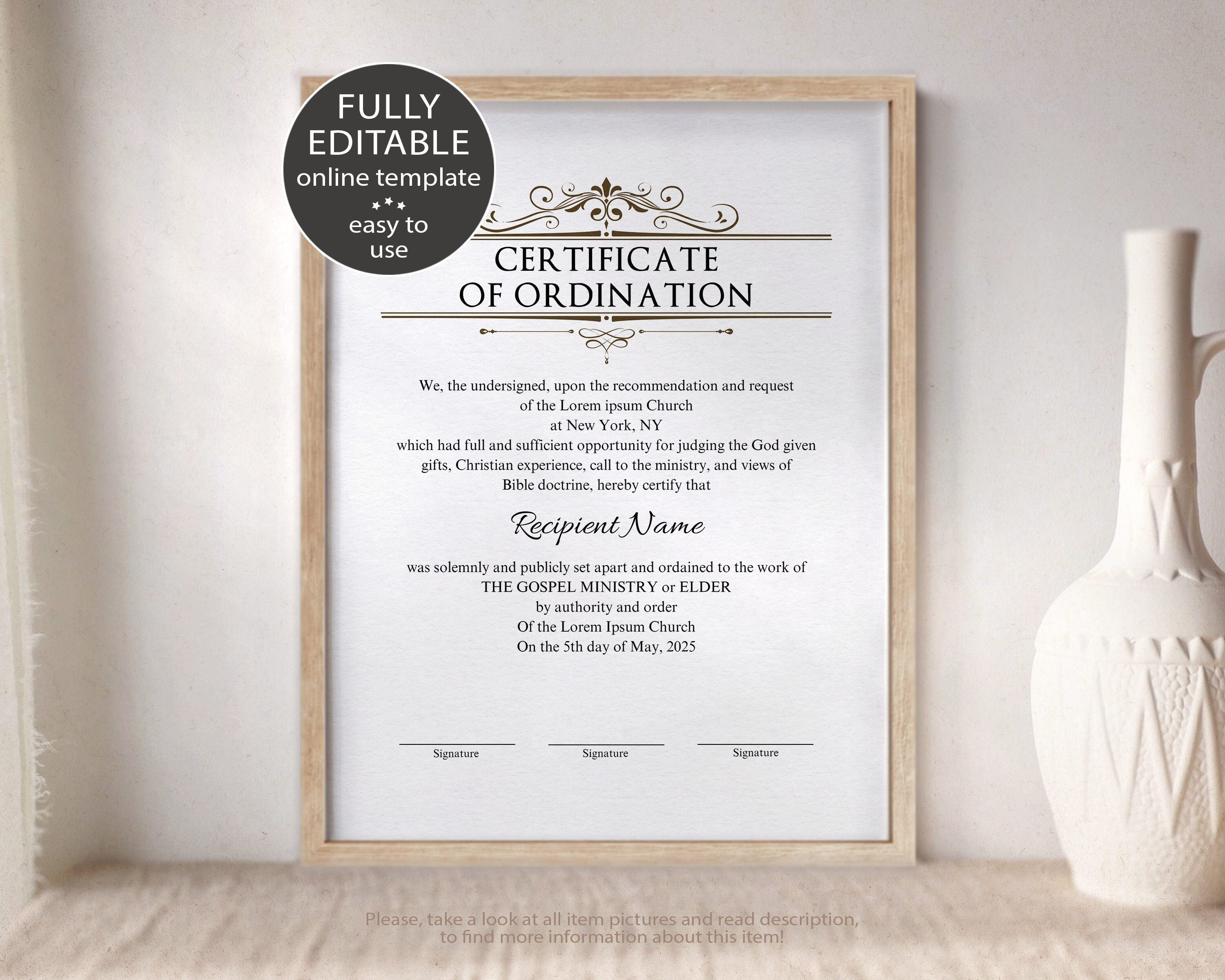 Editable Ordination Elder Certificate Template, Printable Certificate of  Ordination Gospel Ministry Certificate Download Jet Within Certificate Of Ordination Template