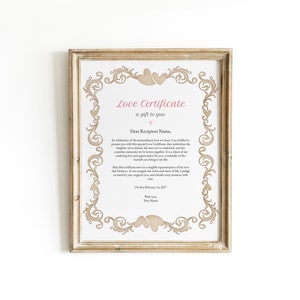 Certificate of Love Couple Gift Keepsake, Personalized Valentines Day ...