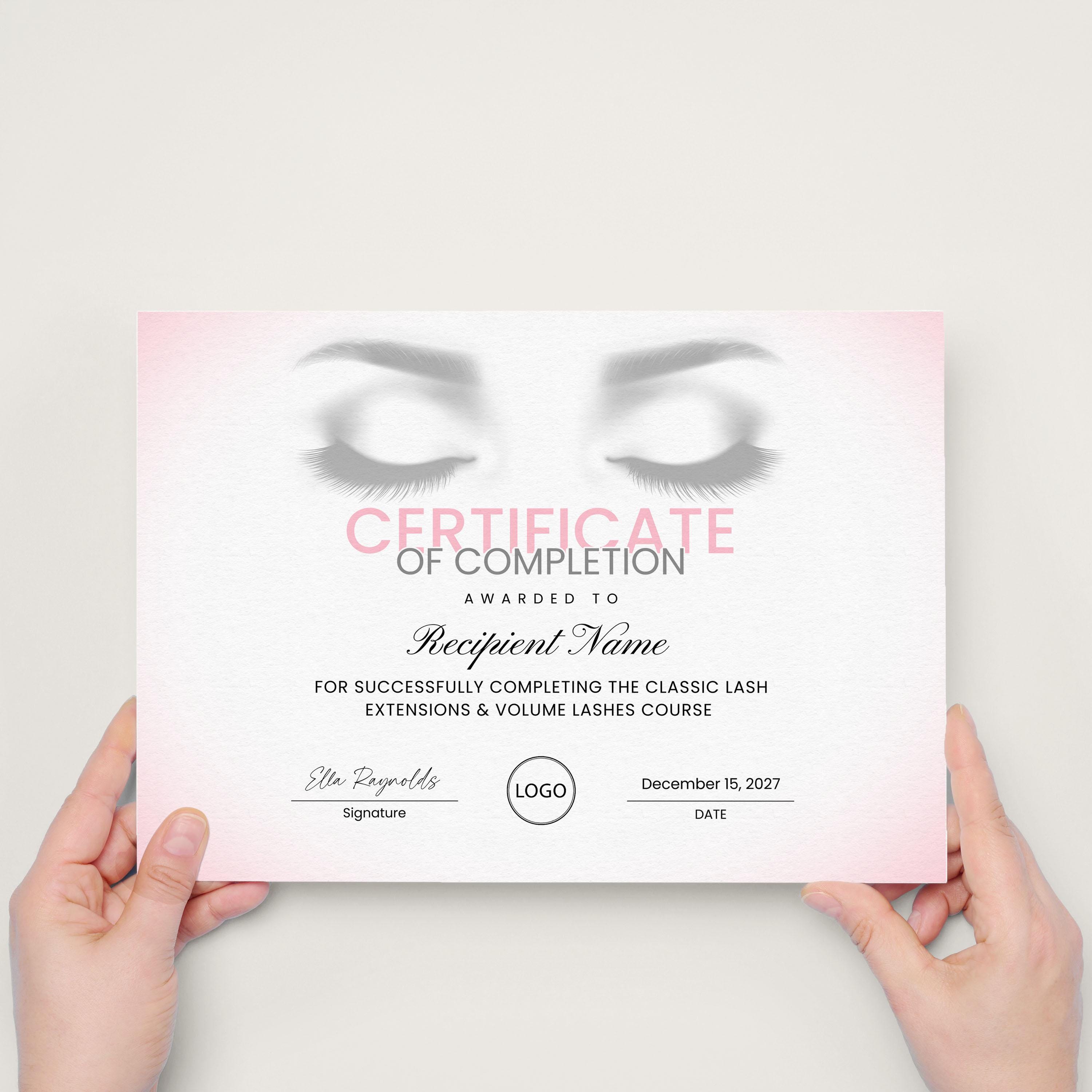 Certificate of Completion Eyelash Extension EDITABLE Printable Lashes ...