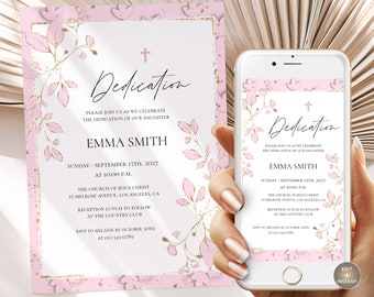 Dedication Invitation Template, Baptism Invitation, Gold Pink Baptism Invite, Dedication Phone Invite, Christening Template Download Jet276