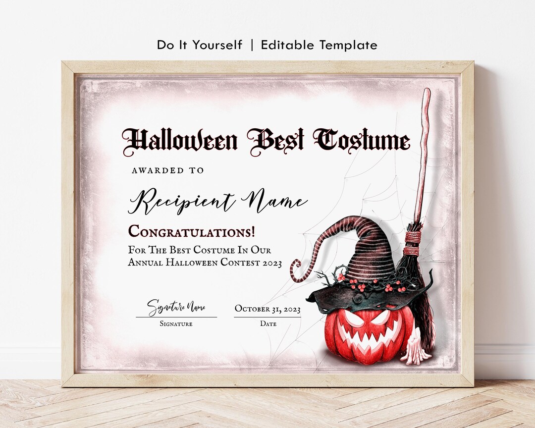 Vintage Halloween Certificate Template, Editable Halloween Best Costume ...